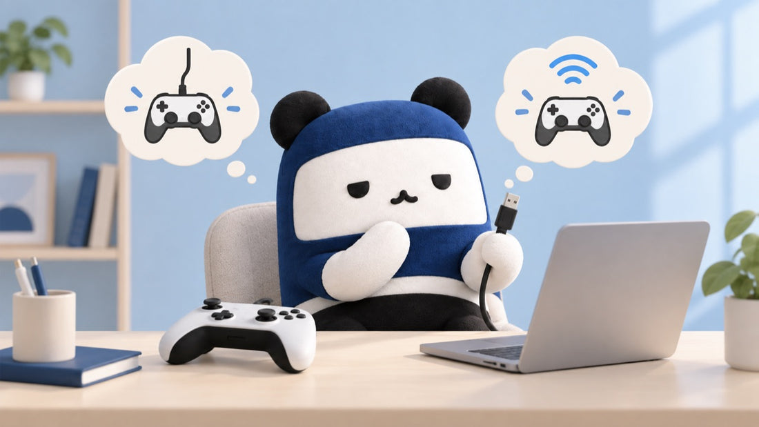 ノートPCと汎用ゲームパッドの前でUSBケーブルを確認するぶっちゃけパンダ（イメージ）