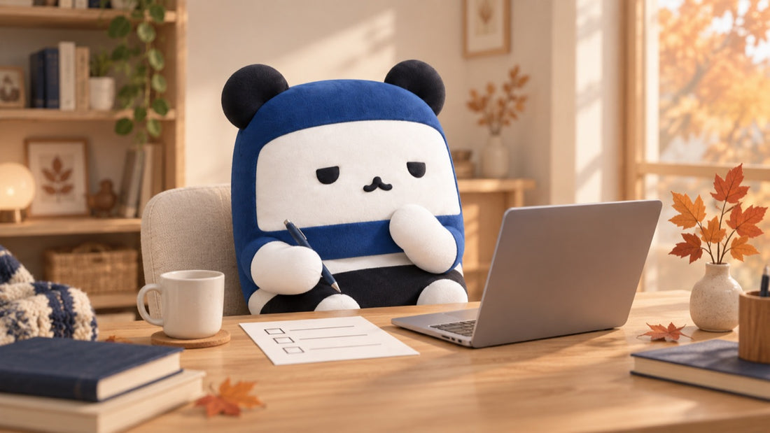 秋の机でノートPCと購入前チェックリストを見ながら考えるぶっちゃけパンダ（イメージ）