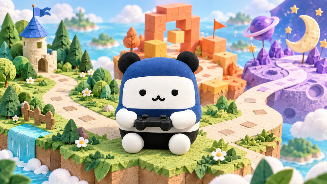 森・パズル・宇宙をイメージした小さな世界で、コントローラーを持って座るぶっちゃけパンダ。体験版探しのイメージイラスト